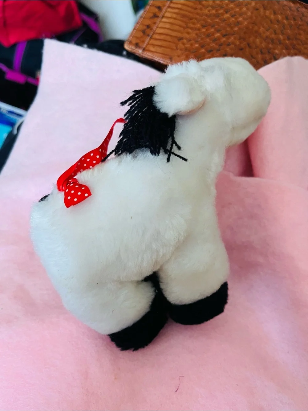 Plush White Horse with Red Ribbon